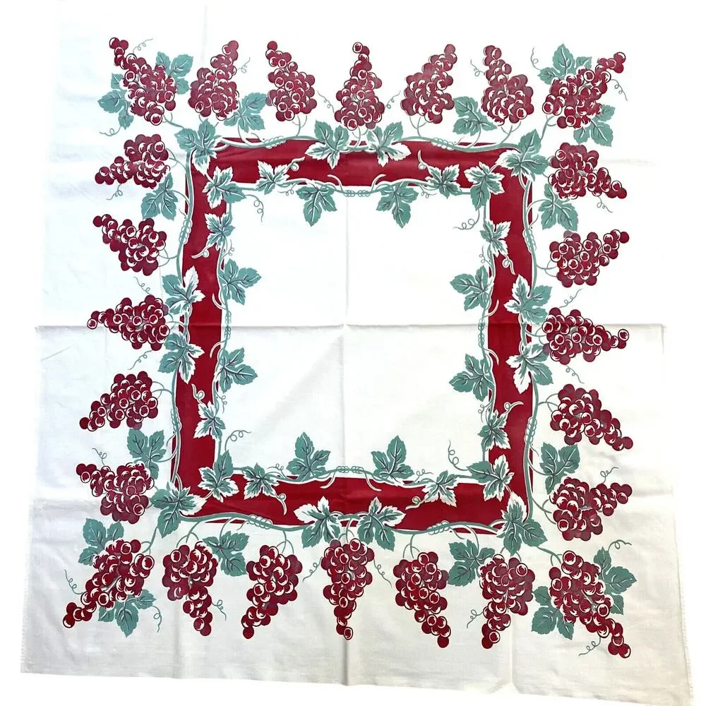 Vintage Mid Century Printed Cotton Tablecloth Red & Mint Green Grapevine Border